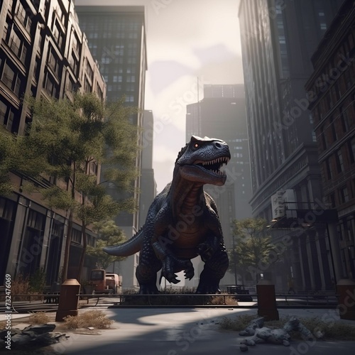 AI generated illustration of a large dinosaur walking down a city street, with its mouth wide open