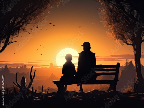 Mother and Son Sitting on a Bench Watching the Sunset. Ai Generated