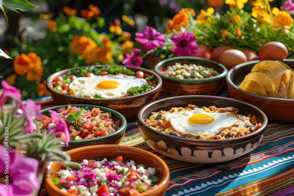 Outdoor Mexican breakfast tableau under the sun, with chilaquiles and huevos rancheros spread on a vivid tablecloth, complemented by the presence of flourishing flowers.
