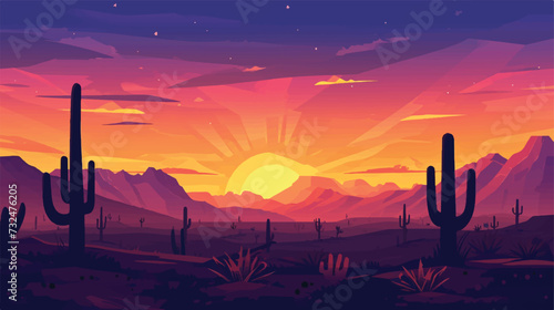 Vector illustration of sunset desert landscape. Wild.