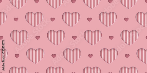 Seamless rose love pattern with hearts. Beautiful paper cut heart on background. Papercut illustration for cosmetic product display, valentine day wrapping paper, presentation, textile, wallpaper.