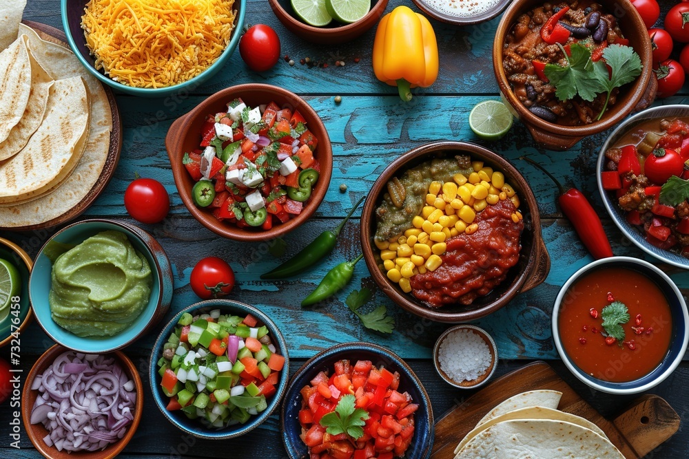 Overhead view of a festive Mexican buffet spread outdoors, including enchiladas, quesadillas, and chiles en nogada, accented with lively table adornments.