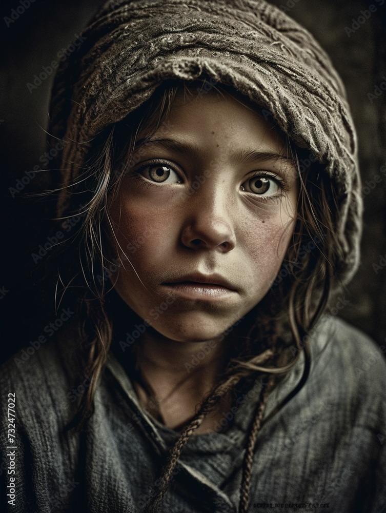 Fototapeta premium AI generated illustration of a child with dreadlocks and a headscarf, with a serious expression