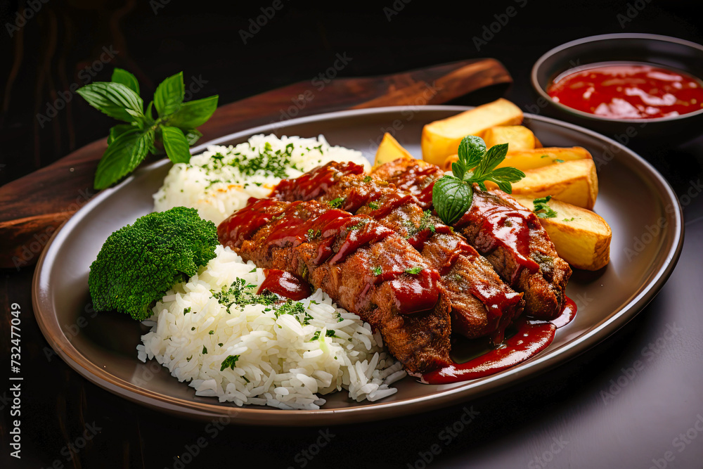 steak parmigiana rice and fried potato sticks steak parmigiana rice and fried potato sticks