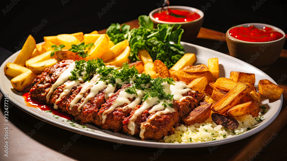 steak parmigiana rice and fried potato sticks steak parmigiana rice and fried potato sticks