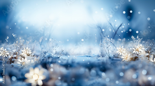 Winter landscape with frozen trees, snowflakes and blue bokeh lights.. Winter background. Generative AI technology.