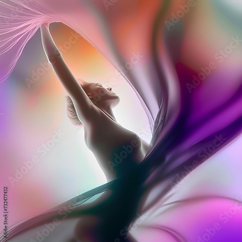 A silhouette of dancer lost in dance and music, blurred colorful forms, minimalist figuration. Art of dance concept. Generative AI