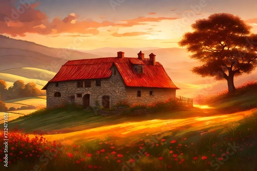  A peaceful countryside scene with a rustic farmhouse nestled among rolling hills, its red roof glowing in the warm light of the setting sun.