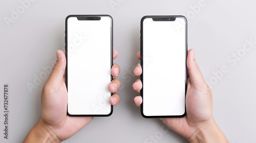 Two hands holding smartphones with blank screens
