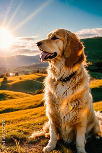 AI generated illustration of a golden retriever sitting on green grass at sunset