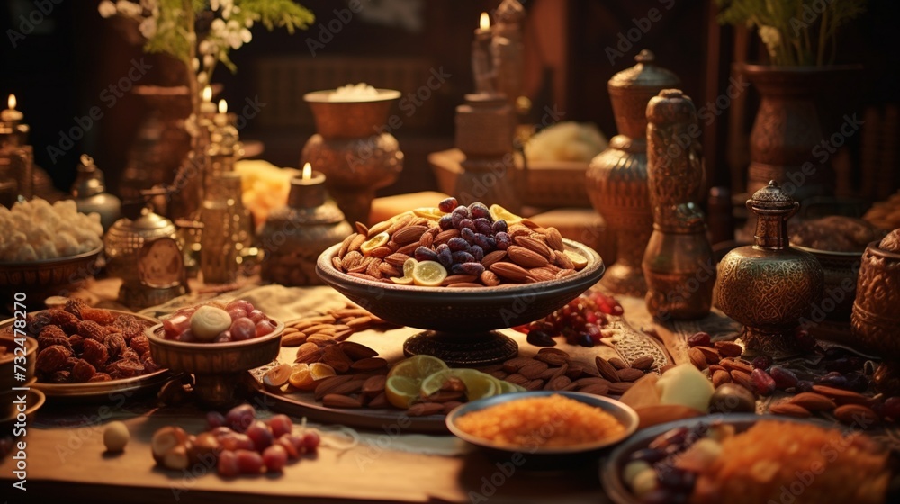 Zoom in on the delectable elements of Ramadan feasts, spotlighting the close view of traditional Arabic dishes featuring dates and almonds.
