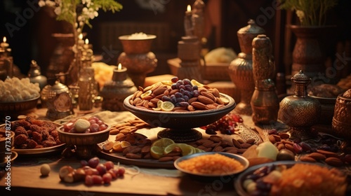 Zoom in on the delectable elements of Ramadan feasts, spotlighting the close view of traditional Arabic dishes featuring dates and almonds.