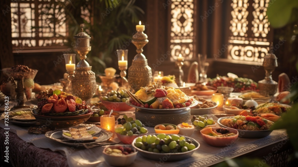 Zoom in on the intricately designed centerpieces that enhance the visual appeal of the Traditional Arabic Iftar Table. Zoom in on the intricately designed centerpieces that enhance the visual appeal of the Traditional Arabic Iftar Table.