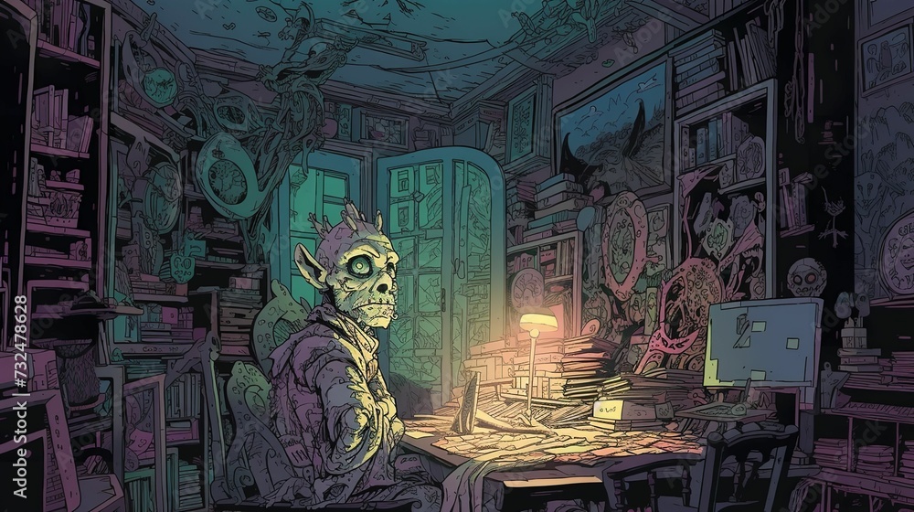 AI generated illustration of a mysterious alien in his home office ...