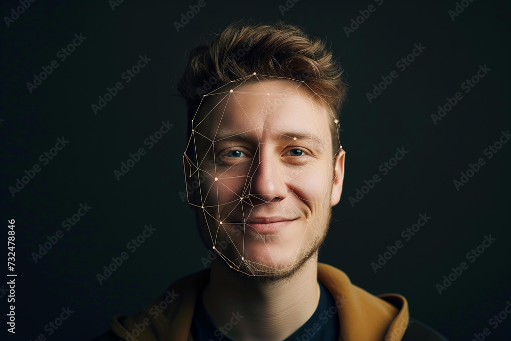 beautiful man smiling face being recognized by facedetect algorithm, scanner of the volumetric-spatial shape of a person’s face beautiful man smiling face being recognized by facedetect algorithm, scanner of the volumetric-spatial shape of a person’s face