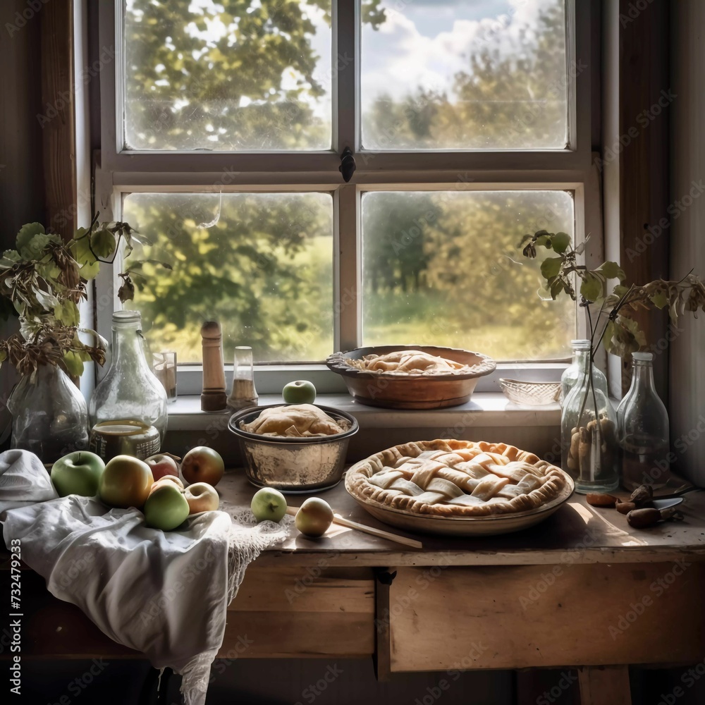 AI-generated illustration of a rustic apple pie with ripe apples on a wooden table near a window.