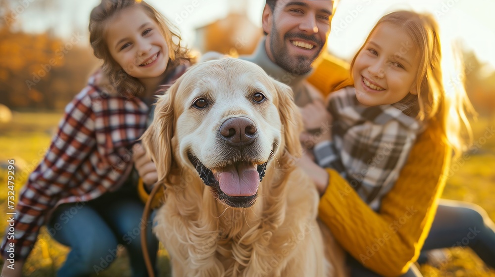 Family Bonding: Playful Moments with a Beloved Golden Retriever during a Sunset Park Outing.