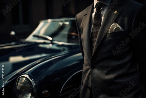 AI-generated illustration of a smartly dressed man standing near a luxury black car. © Wirestock