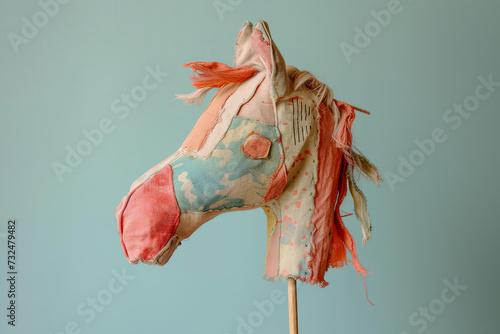 children's toy - the head of a beautiful fabric horse on a stick isolated on a pastel background. hobbyhorsing concept photo