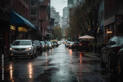 AI generated illustration of cars parked on a street on a rainy day