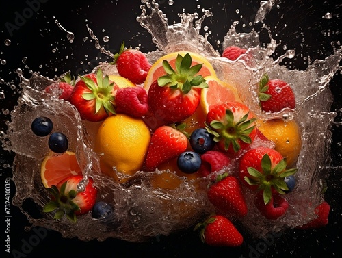 AI generated illustration of fresh fruits tumbling into the water creating splashes