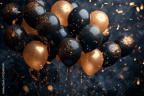 Golden Balloons with Black and Gold Decorations: A Celebration of the New Year Generative AI photo