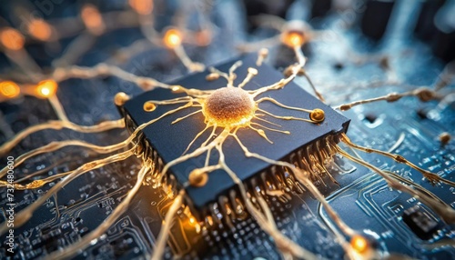 A microscopic view of artificial neurons firing within a neuromorphic computing chip. photo