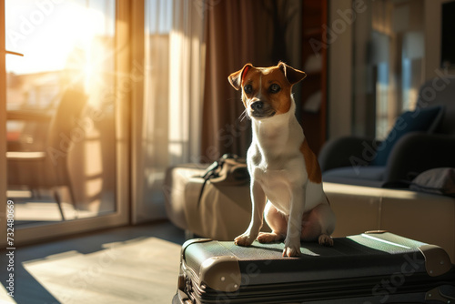 the dog sits on a suitcase, in the middle of a modern hotel room. sun and shadow. concept - pet friendly hotel © ALL YOU NEED studio