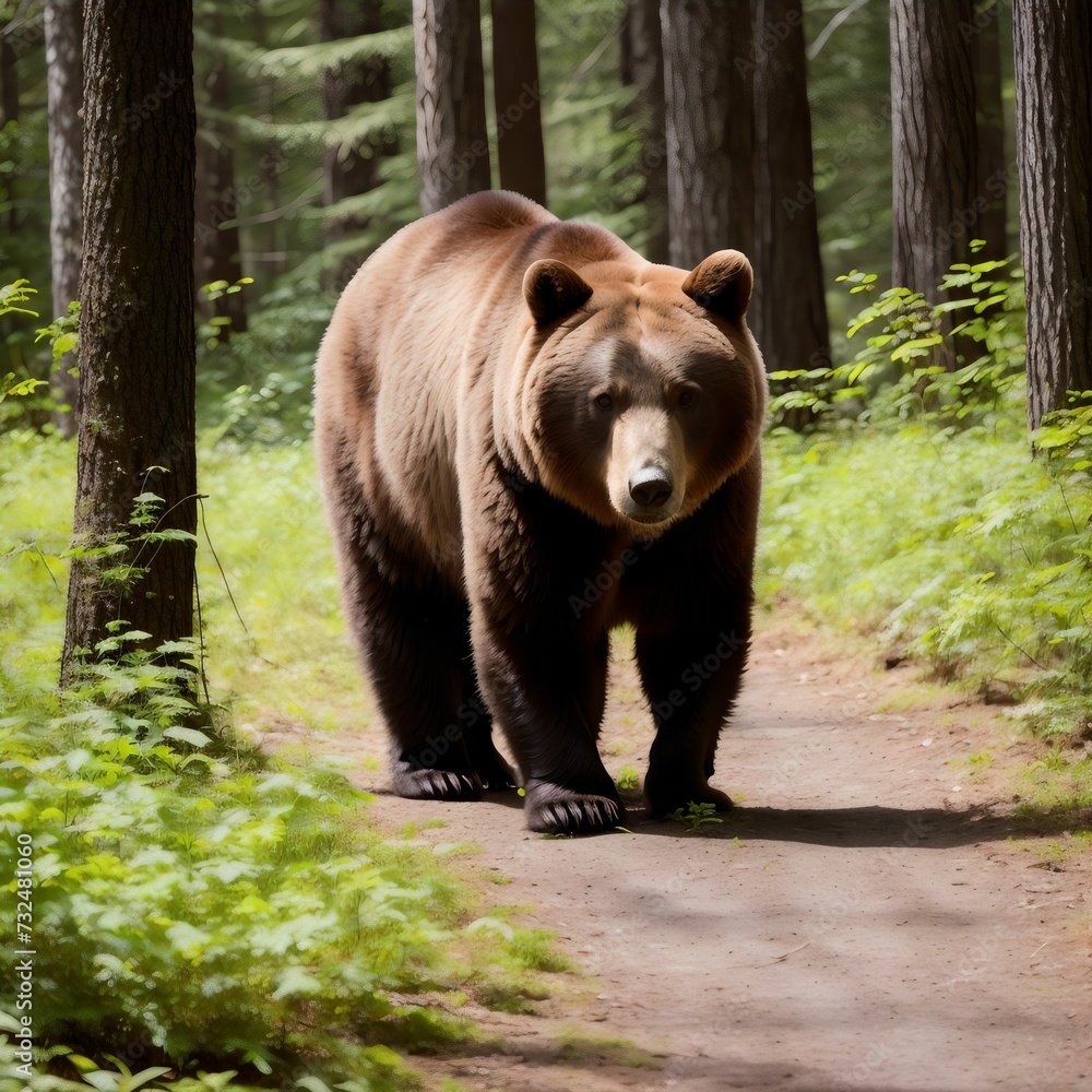 AI generated illustration of a brown bear walking in a dense green forest AI generated illustration of a brown bear walking in a dense green forest