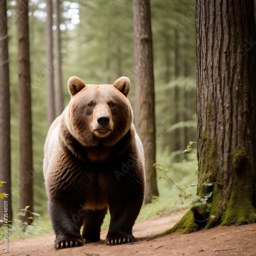 AI generated illustration of a brown bear walking in a dense green forest