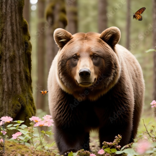 AI generated illustration of a brown bear walking in a dense green forest