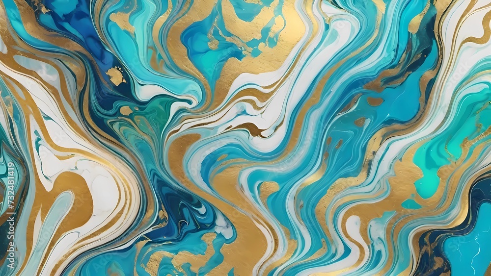 Arte fluida con onde di marmo di colori turchese, oro e bianco che si mescolano creando un effetto marmoreo Arte fluida con onde di marmo di colori turchese, oro e bianco che si mescolano creando un effetto marmoreo