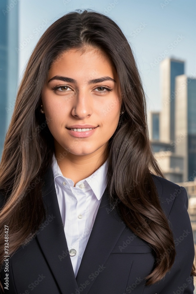 AI generated illustration of a young female smiling and standing outdoors AI generated illustration of a young female smiling and standing outdoors