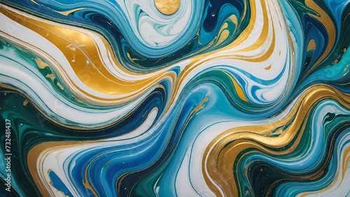 Arte fluida con onde di marmo di colori turchese, oro e bianco che si mescolano creando un effetto marmoreo