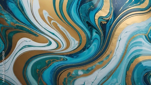 Arte fluida con onde di marmo di colori turchese, oro e bianco che si mescolano creando un effetto marmoreo © CreativeVirginia