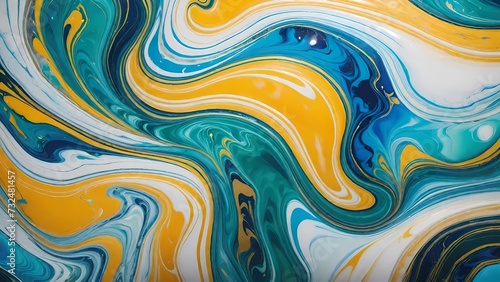 Arte fluida con onde di marmo di colori turchese, oro e bianco che si mescolano creando un effetto marmoreo