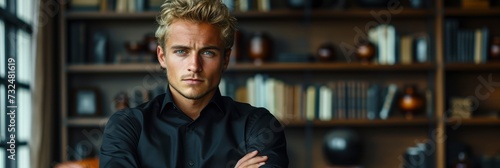 Young Blond Man Black Shirt Watches, Background Banner