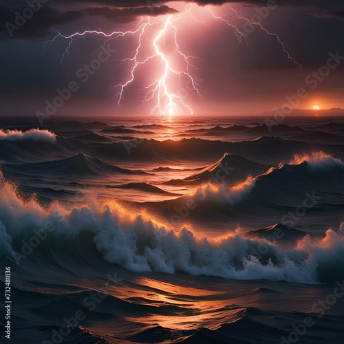 lightning strikes through the sky over rough waves in the ocean