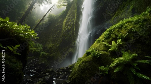 AI-generated illustration of an enchanting waterfall with lush vegetation in the foreground.