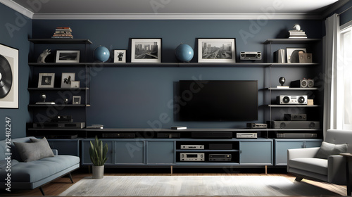 Urban Entertainment Retreat: Studio Apartment with Wall-Mounted TV and Muted Slate Blue, Charcoal Gray Palette