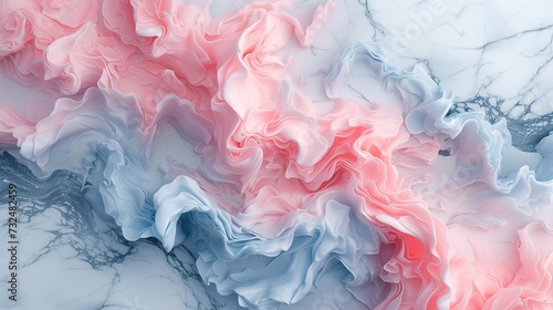A sophisticated and surreal abstract scene is created by delicate tendrils of blush pink, celestial blue, and iridescent silver flowing across a smooth marble surface. 