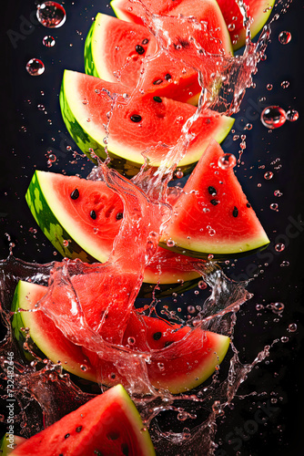 Watermelon sliced in splashes of water