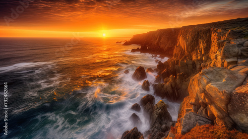 AI generated illustration of a stunning sunset over a rocky island in the ocean © Wirestock