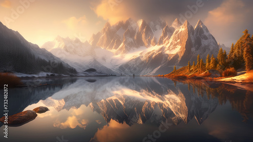 AI generated illustration of a mountain peak in snow beneath a cloudy sky near a lake at sunset