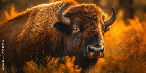 AI generated illustration of a bison against a stunning sunset backdrop
