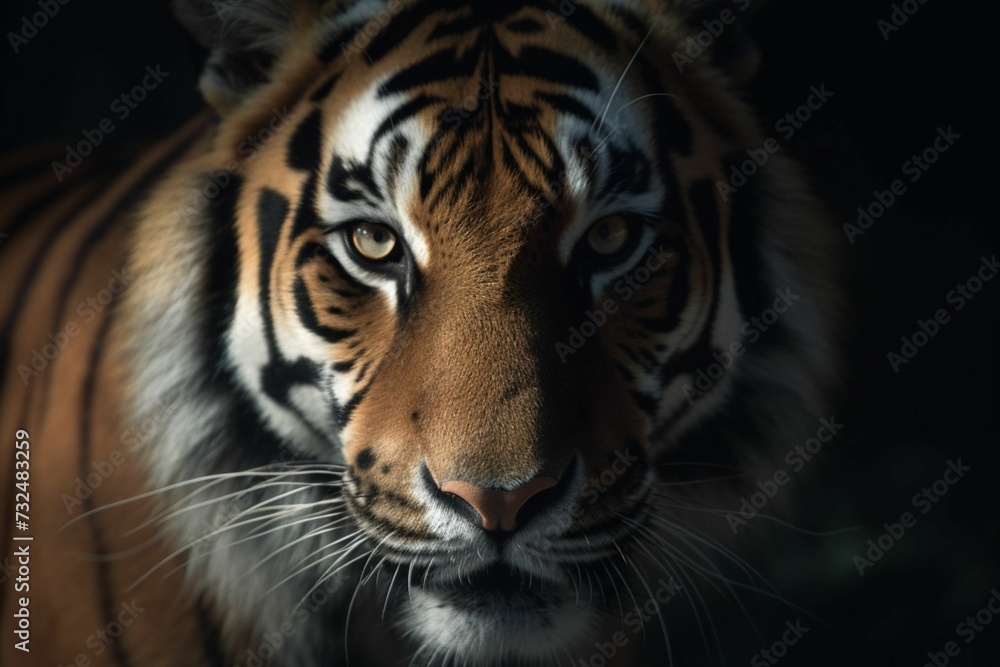 AI generated illustration of a majestic Bengal tiger in the shadowy darkness
