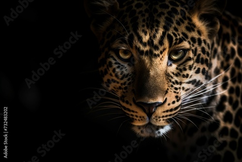 AI generated illustration of a leopard's head illuminated by the warm light of the sun