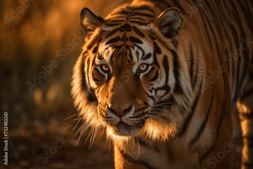 AI generated illustration of a majestic Bengal tiger in a warm, sunny landscape