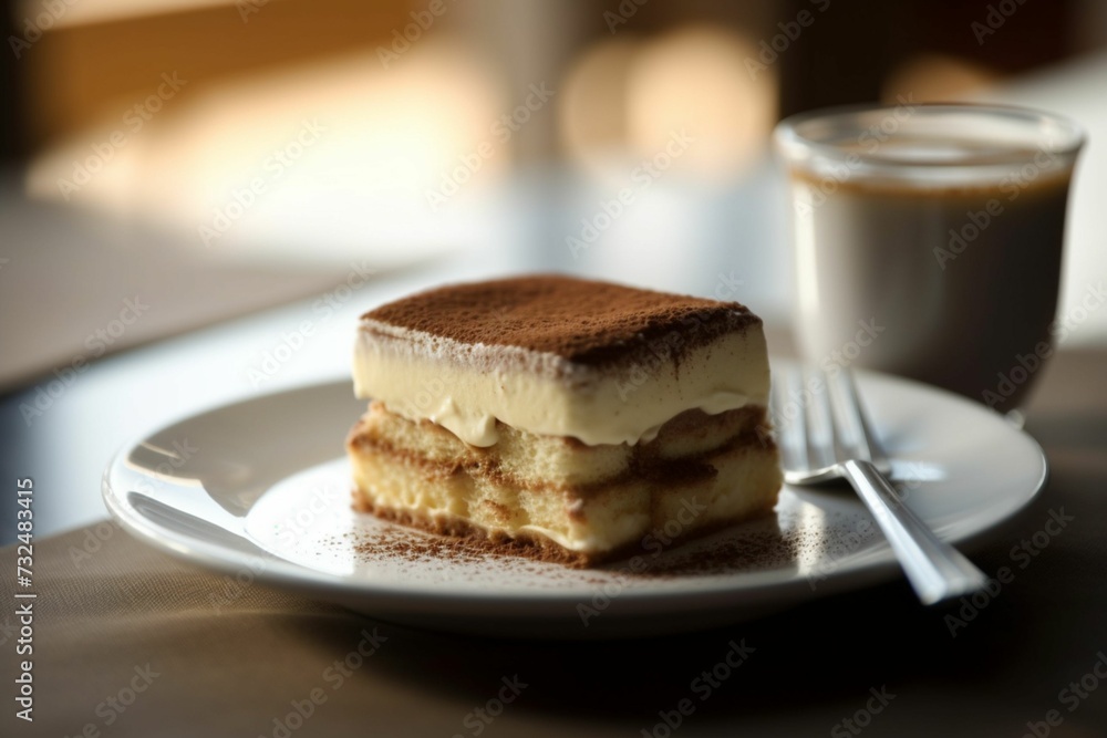 AI generated illustration of a delicious Tiramisu served on a white plate with coffee AI generated illustration of a delicious Tiramisu served on a white plate with coffee