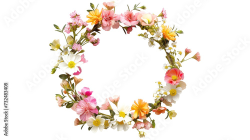 Flowers composition. Wreath made of various colorful flowers on transparent background. Easter, spring, summer concept. Flat lay, top view.